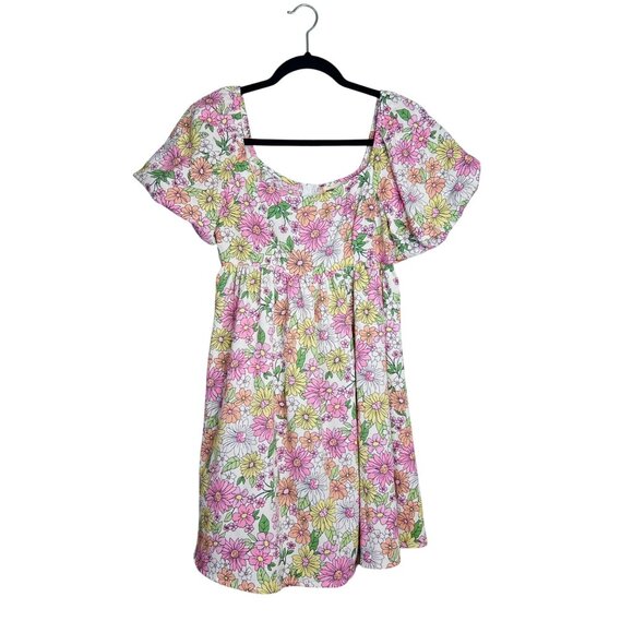 Altar'd State Floral Babydoll Mini Dress Size M Retro Multicolor Puff Sleeve NEW - Picture 1 of 7